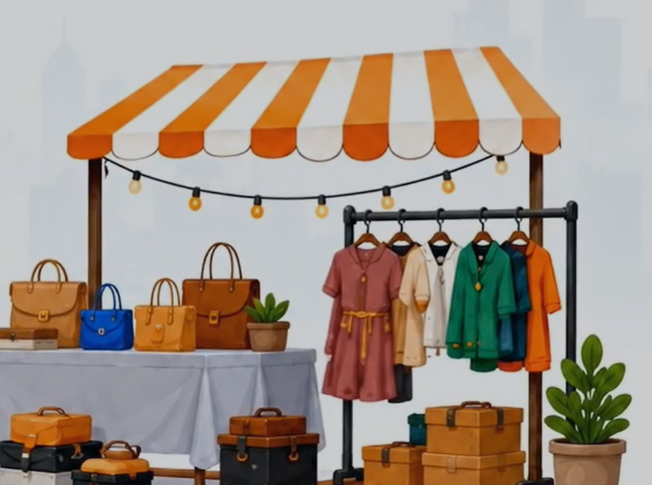 Flea market stall with clothing rack, bags, and orange awning